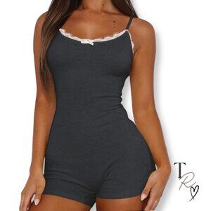 Gray Ribbed Lace Trim Fitted Cami Pajama Sleepwear Romper Size Medium